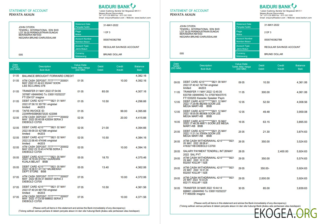 Relevé bancaire de Brunei Baiduri, modèle Word et PDF, 3 pages